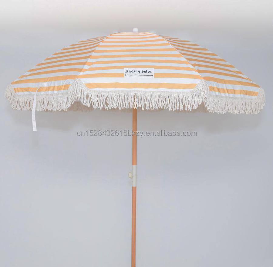 Custom Outdoor Luxury 2m Wooden Beach Umbrellas Stylish White Yellow Navy Striped Boho Fringe Tassels Minimalist Adults Camping