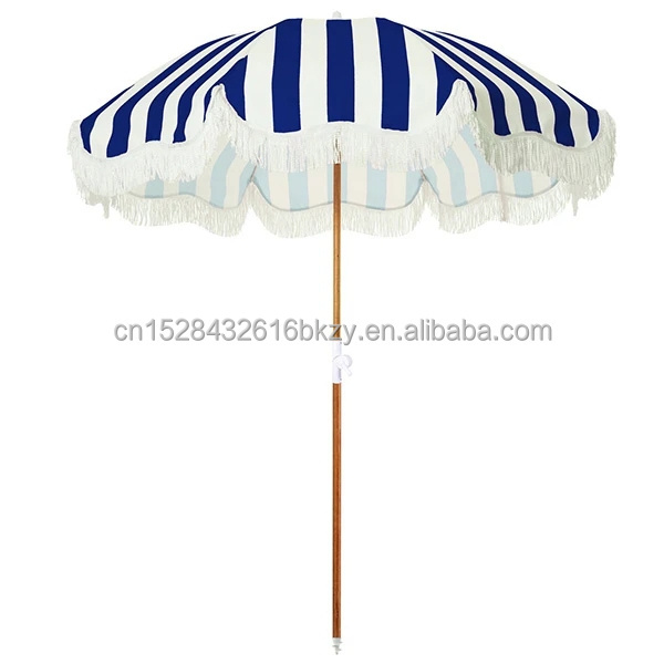 Custom Outdoor Luxury 2m Wooden Beach Umbrellas Stylish White Yellow Navy Striped Boho Fringe Tassels Minimalist Adults Camping