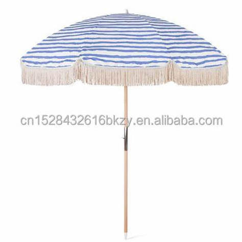 Custom Outdoor Luxury 2m Wooden Beach Umbrellas Stylish White Yellow Navy Striped Boho Fringe Tassels Minimalist Adults Camping