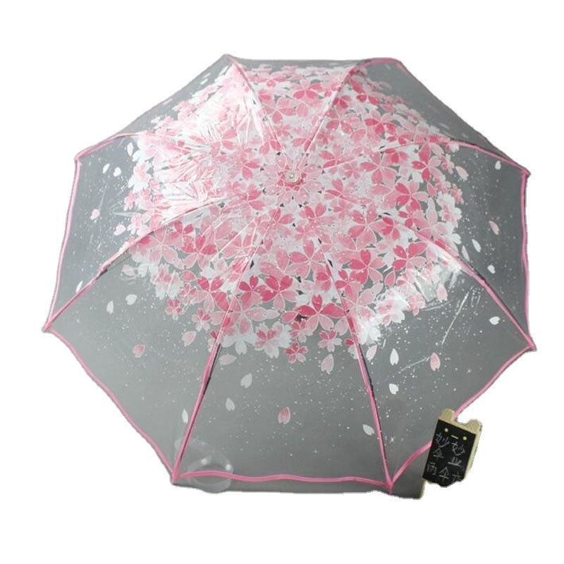 Wholesale sakura pattern transparent windproof rainproof sunshade umbrella cheap rain clear umbrella UV flower nice umbrella