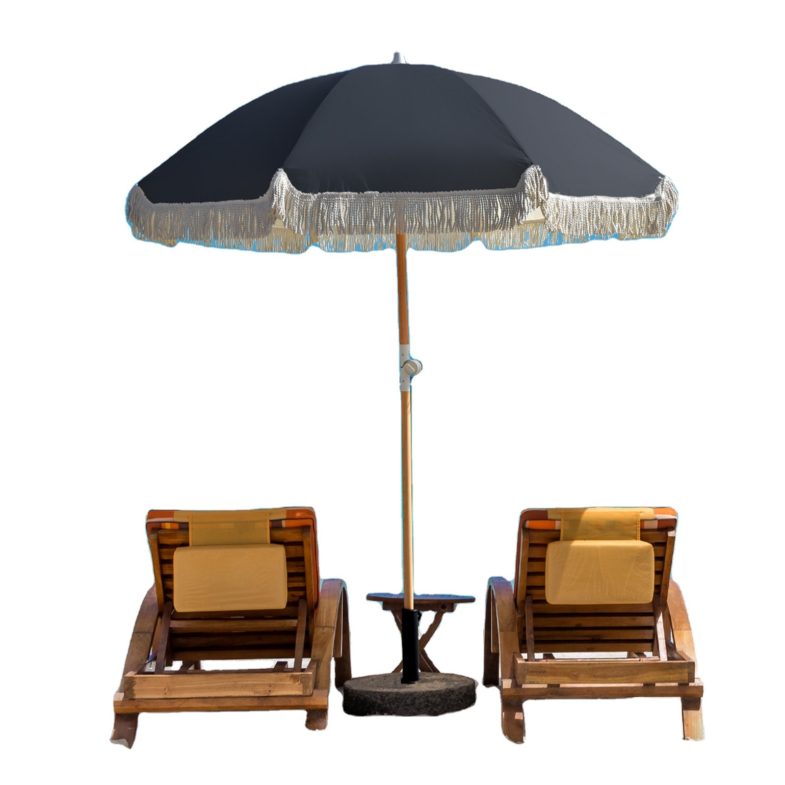 Wholesale Custom, Printed Waterproof Sunshade Wooden Canvas Vintage Outdoor Patio Boho Beach Umbrella With Tassels