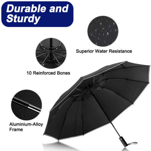 10 Rib 23Inch Reverse Automatic 3 Folding Umbrella With Silver Strip windproof Storm Umbrella with Waterproof