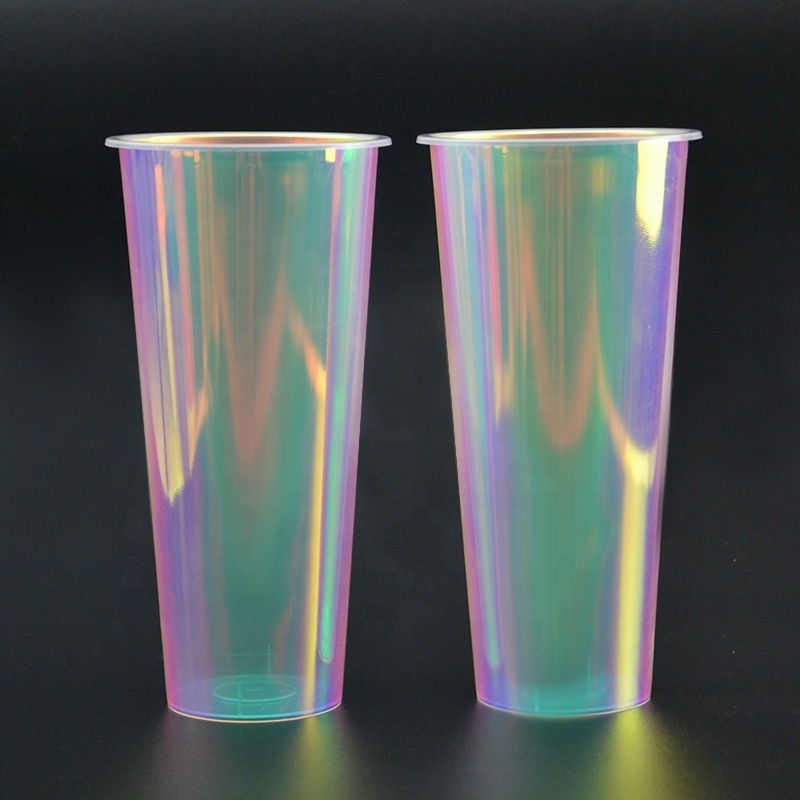 520ml 16oz Milk tea coffee Plastic cups rainbow film  inductive rainbow PP drink iml cup