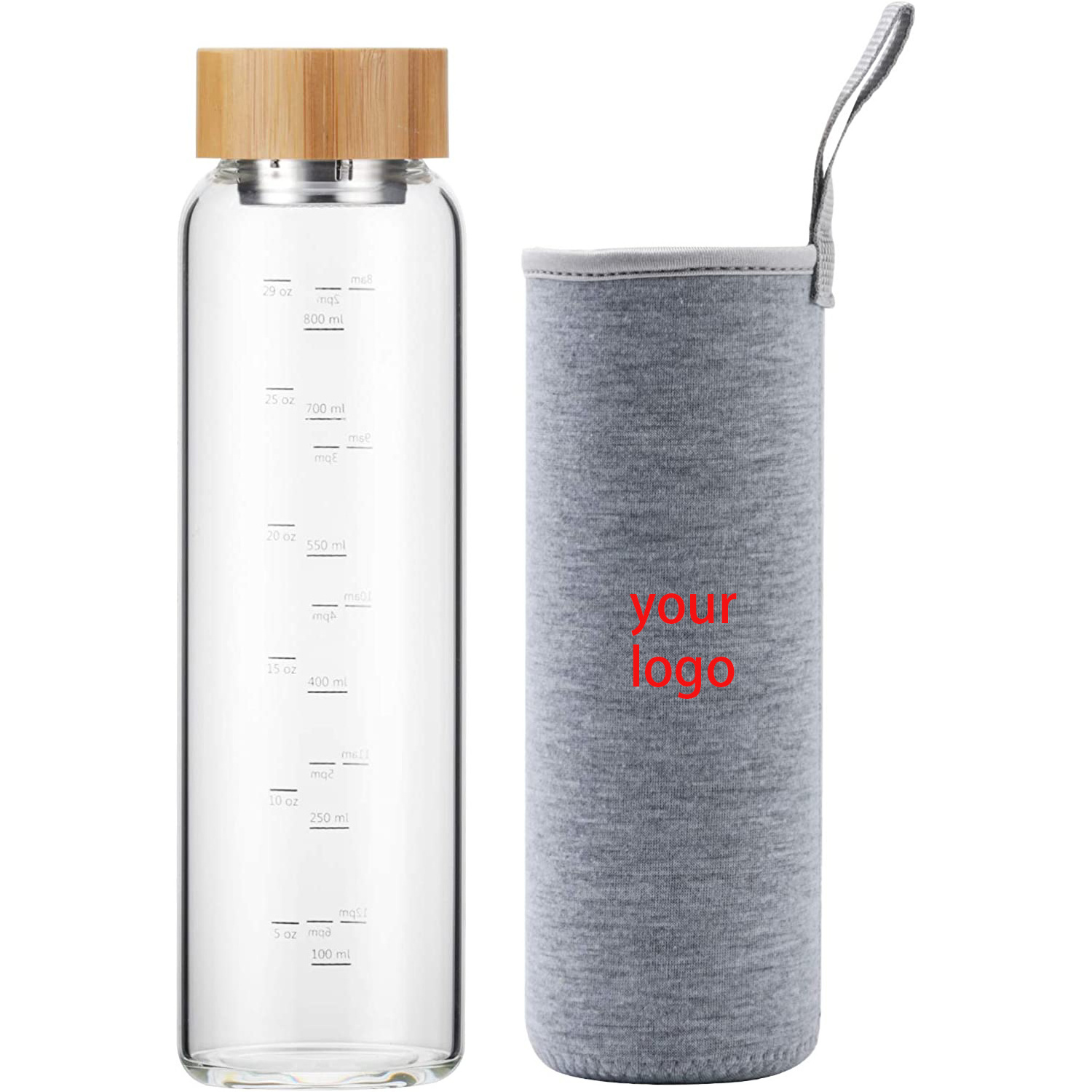 Hot Sale Custom Logo 32 oz Borosilicate Fitness Sport Glass Water Bottle with Stainless Steel Bamboo Lid