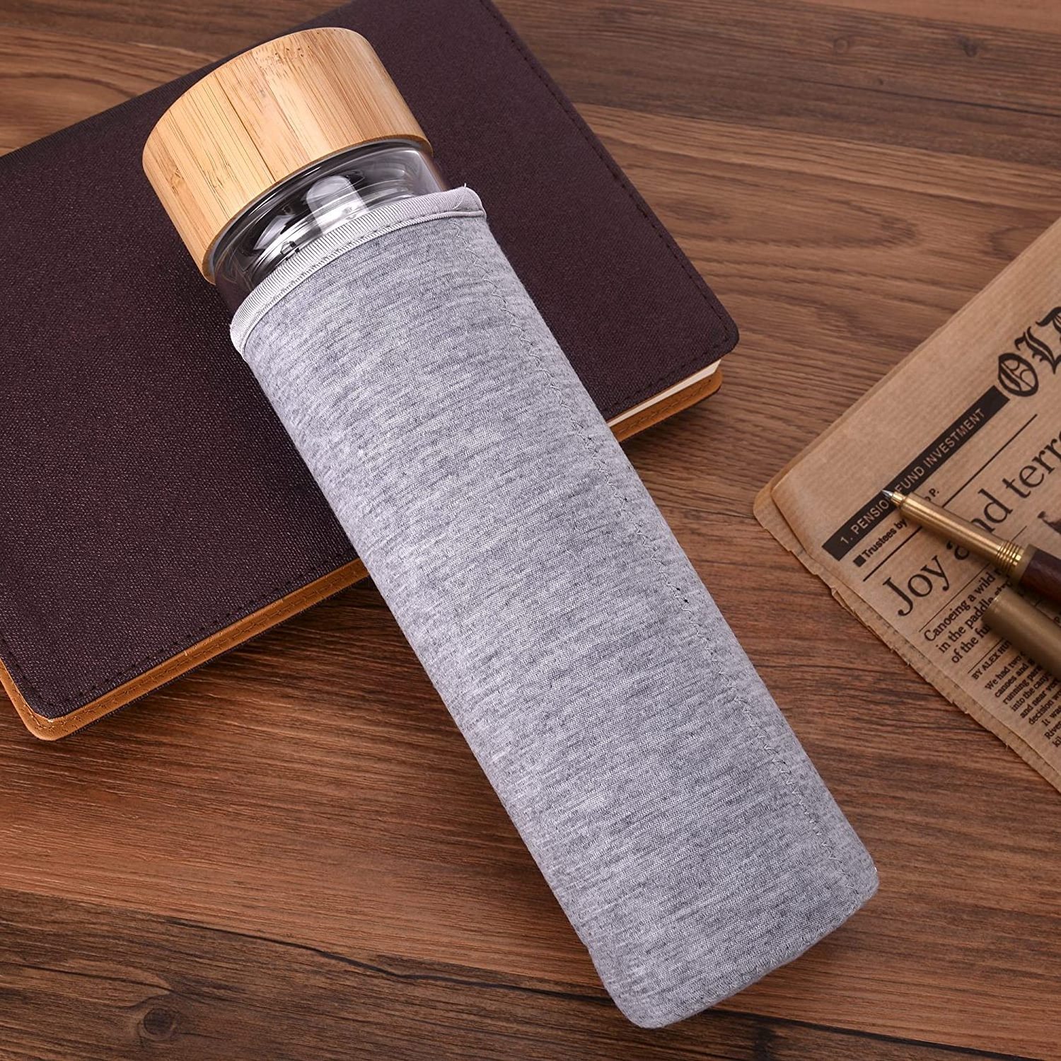 500ml Promotional Custom Logo High Quality Borosilicate Double Wall Insulated Glass Water Bottle With Bamboo Lids Fruit Infuser