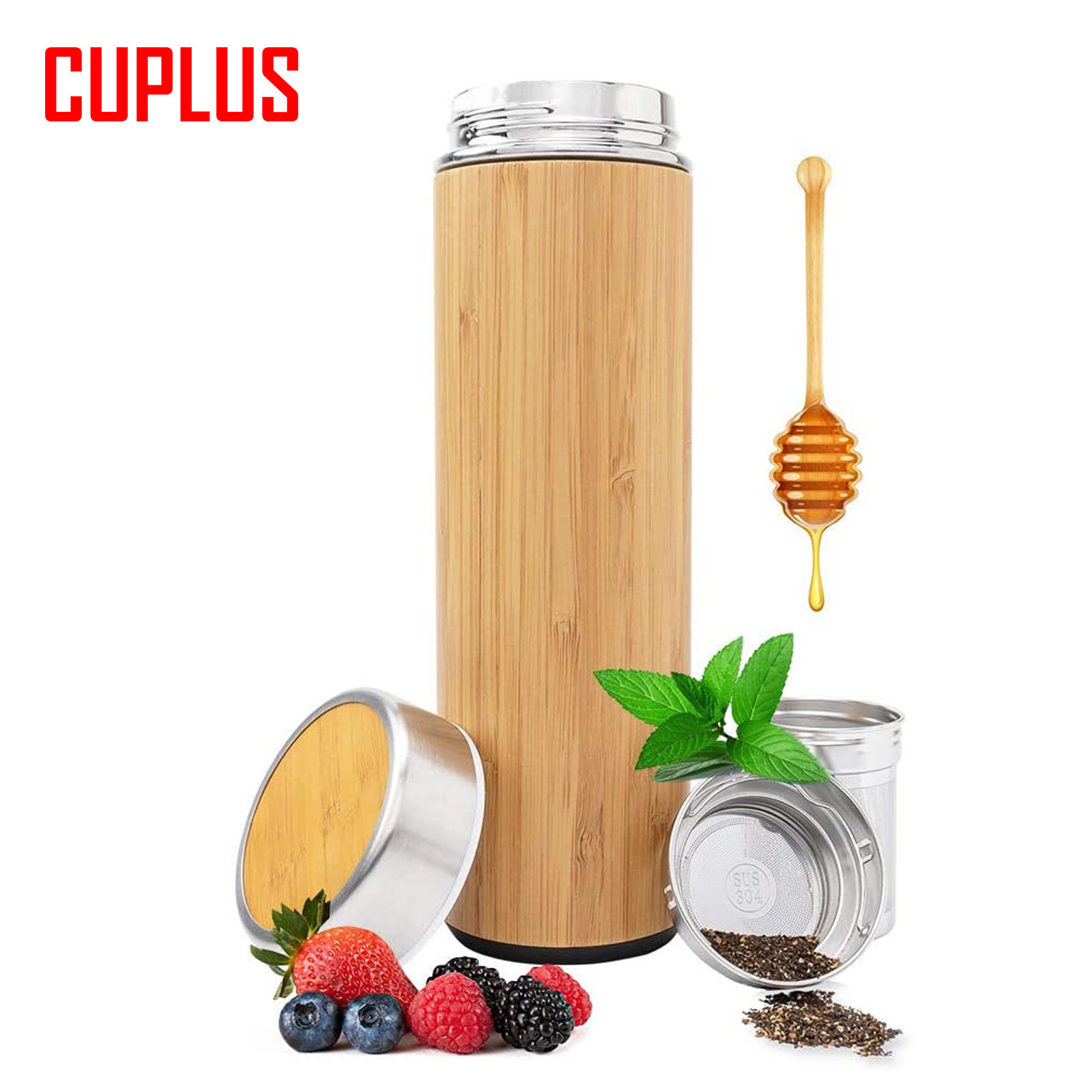 Custom Logo Wholesale Double Wall Stainless Steel Bamboo Flasks Tumbler with Tea Infuser For Loose Leaf Tea Keeping Hot Cold