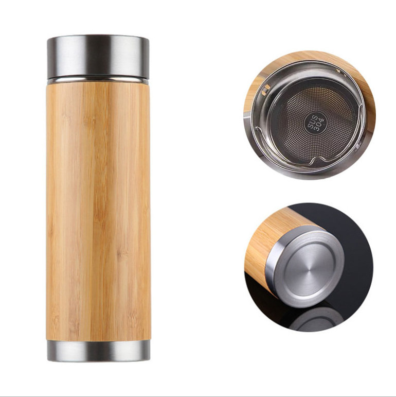 Custom Logo Wholesale Double Wall Stainless Steel Bamboo Flasks Tumbler with Tea Infuser For Loose Leaf Tea Keeping Hot Cold