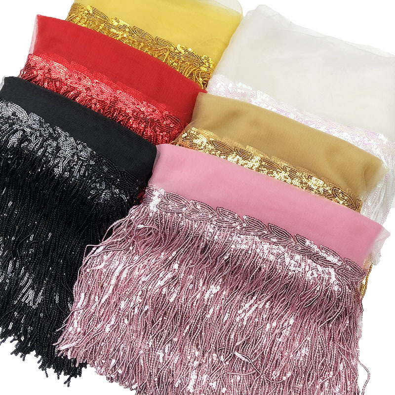 Fashion 20cm Length  Tulle Lace Trim Sequin Fringe Tassel For Garment Dress Decorative Lace Trimming