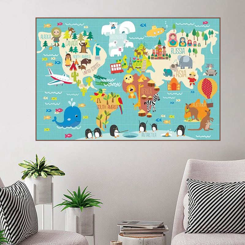 Cartoon Animal Ocean World Map Painting Child Poster Nursery Canvas Print Baby  Wall Art Picture Kid Bedroom Decor