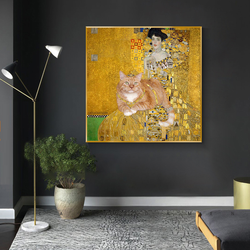 Gustav Klimt Portrait of Adele Bloch-Bauer with the Cat Gold Art Painting on Canvas Modern Poster Living Decor