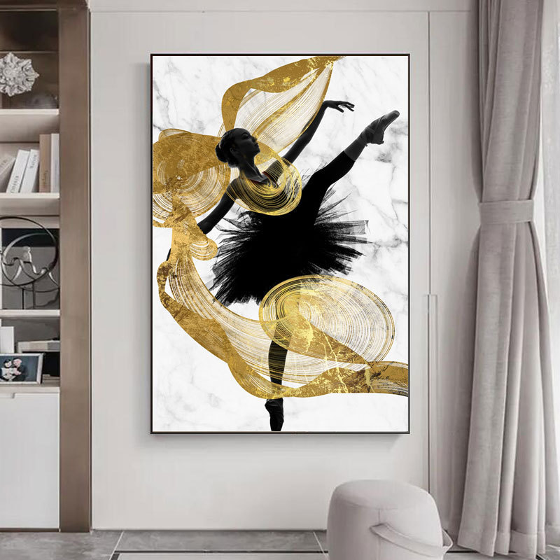 Gold Ribbon Flying Dancer Girl Canvas Abstract Poster Prints Painting Modern Decoration Wall Art Pictures Living Room Decor