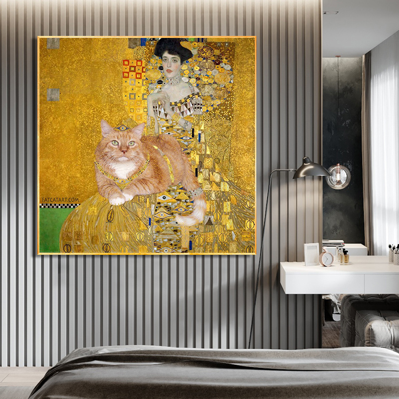 Gustav Klimt Portrait of Adele Bloch-Bauer with the Cat Gold Art Painting on Canvas Modern Poster Living Decor