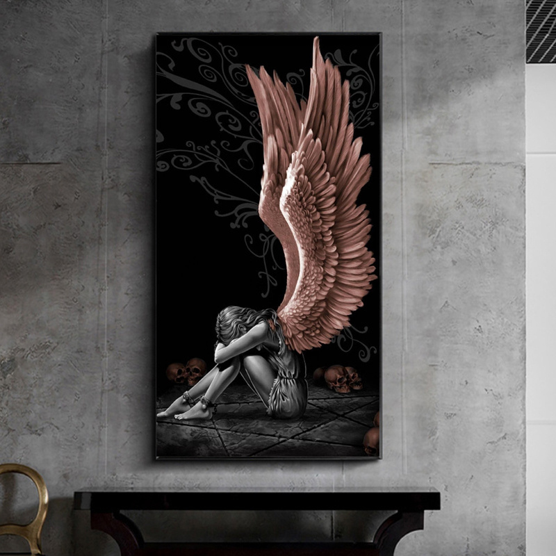 Modern Devil Angel Girl Grey Wings Canvas Painting Printing Wall Art Abstract Picture Poster for Living Room Home Decor