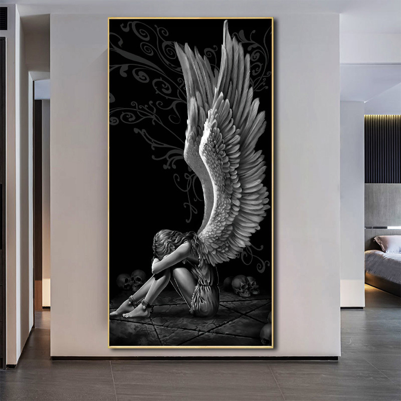 Modern Devil Angel Girl Grey Wings Canvas Painting Printing Wall Art Abstract Picture Poster for Living Room Home Decor