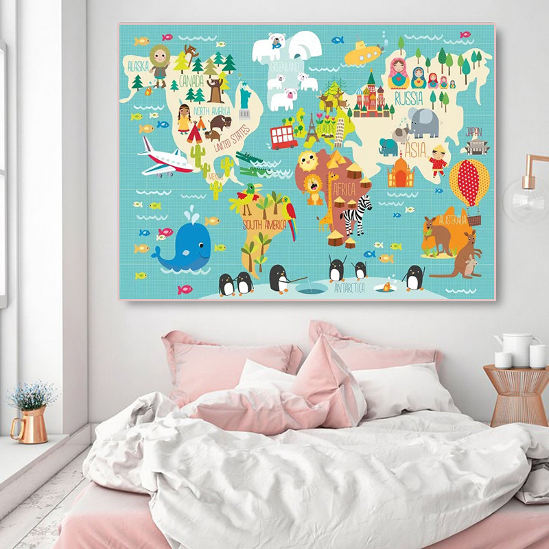 Cartoon Animal Ocean World Map Painting Child Poster Nursery Canvas Print Baby  Wall Art Picture Kid Bedroom Decor