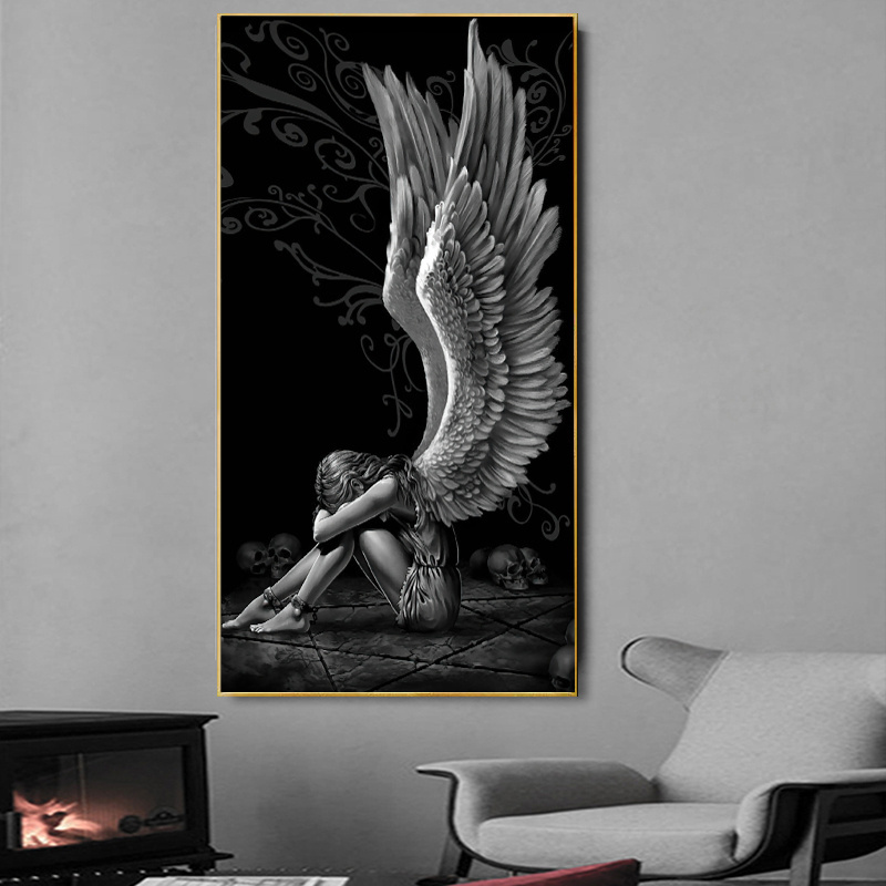 Modern Devil Angel Girl Grey Wings Canvas Painting Printing Wall Art Abstract Picture Poster for Living Room Home Decor