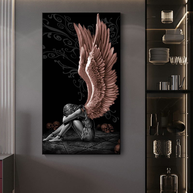 Modern Devil Angel Girl Grey Wings Canvas Painting Printing Wall Art Abstract Picture Poster for Living Room Home Decor