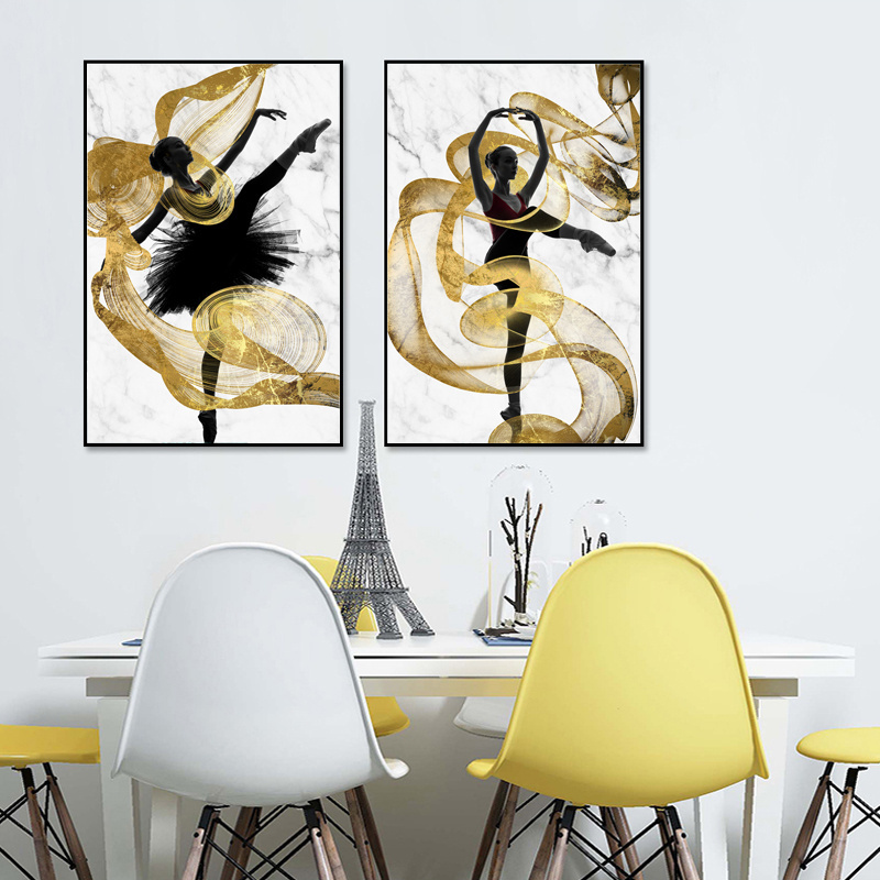 Gold Ribbon Flying Dancer Girl Canvas Abstract Poster Prints Painting Modern Decoration Wall Art Pictures Living Room Decor