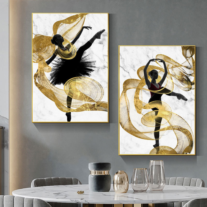 Gold Ribbon Flying Dancer Girl Canvas Abstract Poster Prints Painting Modern Decoration Wall Art Pictures Living Room Decor