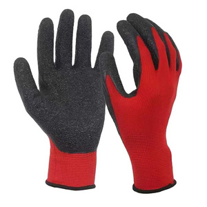 Shuoya13Gauge latex rubber coated wrinkle palm construction work gloves red polyester black latex wrinkle gloves