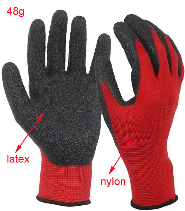 Shuoya13Gauge latex rubber coated wrinkle palm construction work gloves red polyester black latex wrinkle gloves