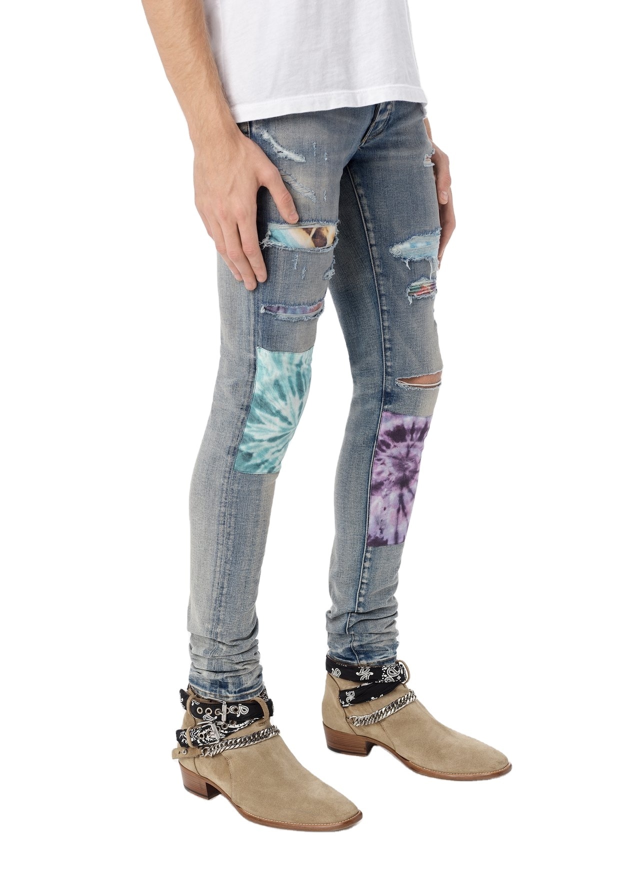 OEM wholesale price latest private label trousers denim pants tie dye patched skinny jeans with patches boys