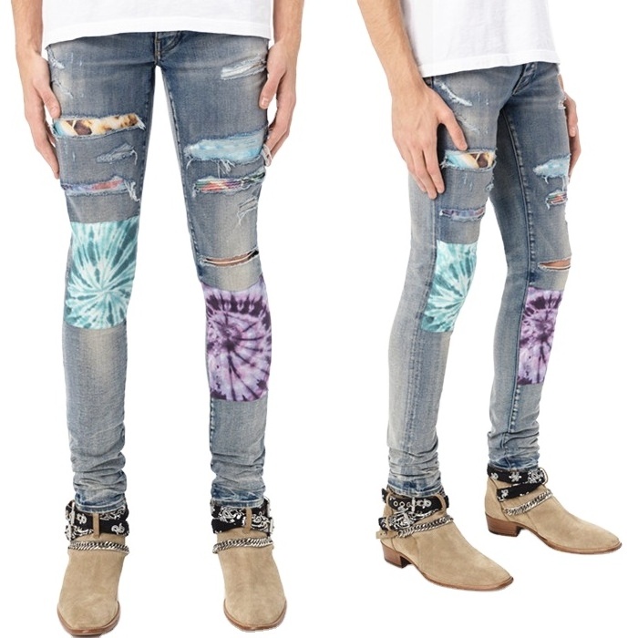 OEM wholesale price latest private label trousers denim pants tie dye patched skinny jeans with patches boys