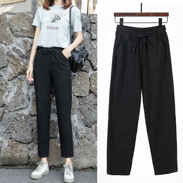 High Quality Summer Womens Elastic Waist Candy Colors Pants Soft Cotton Linen Trousers