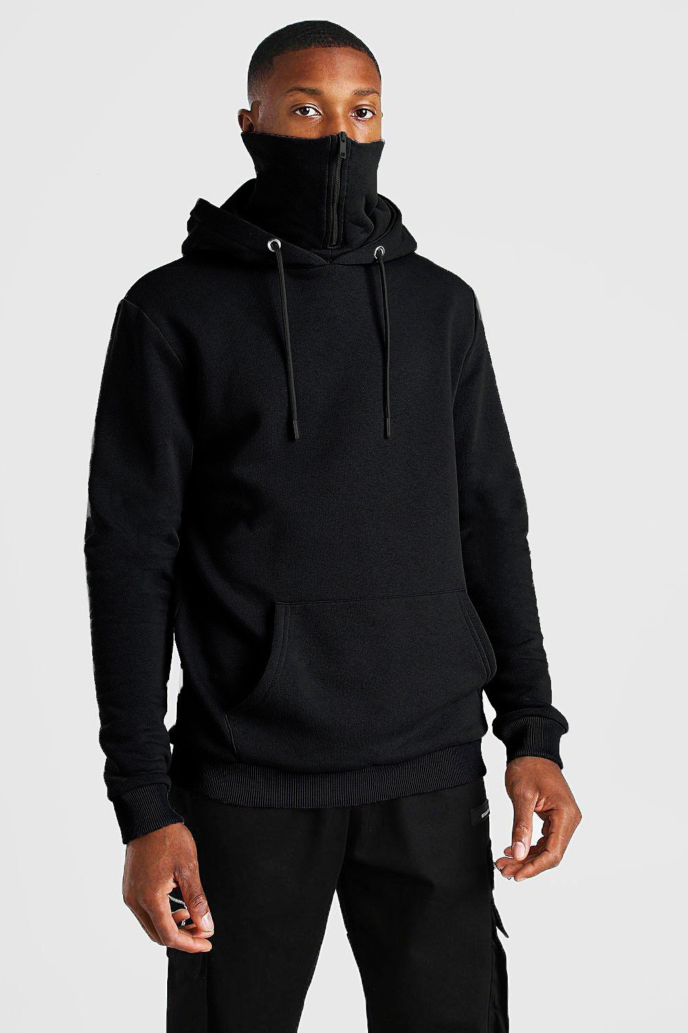 Wholesale OEM Mens Hooded Masked Zipper Hoodie Streetwear Solid Color Sweater Men Oversized Big Pocket Fleece Hoodies