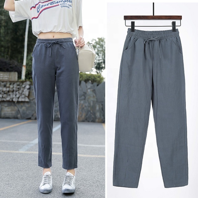 High Quality Summer Womens Elastic Waist Candy Colors Pants Soft Cotton Linen Trousers