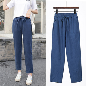 High Quality Summer Womens Elastic Waist Candy Colors Pants Soft Cotton Linen Trousers