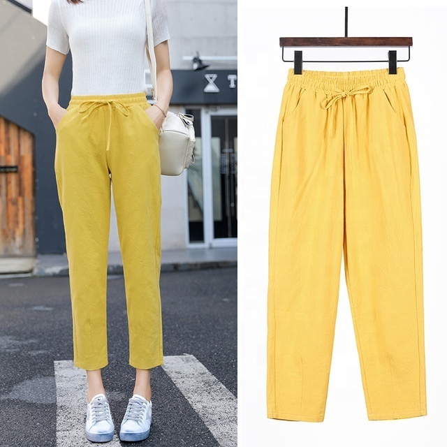 High Quality Summer Womens Elastic Waist Candy Colors Pants Soft Cotton Linen Trousers