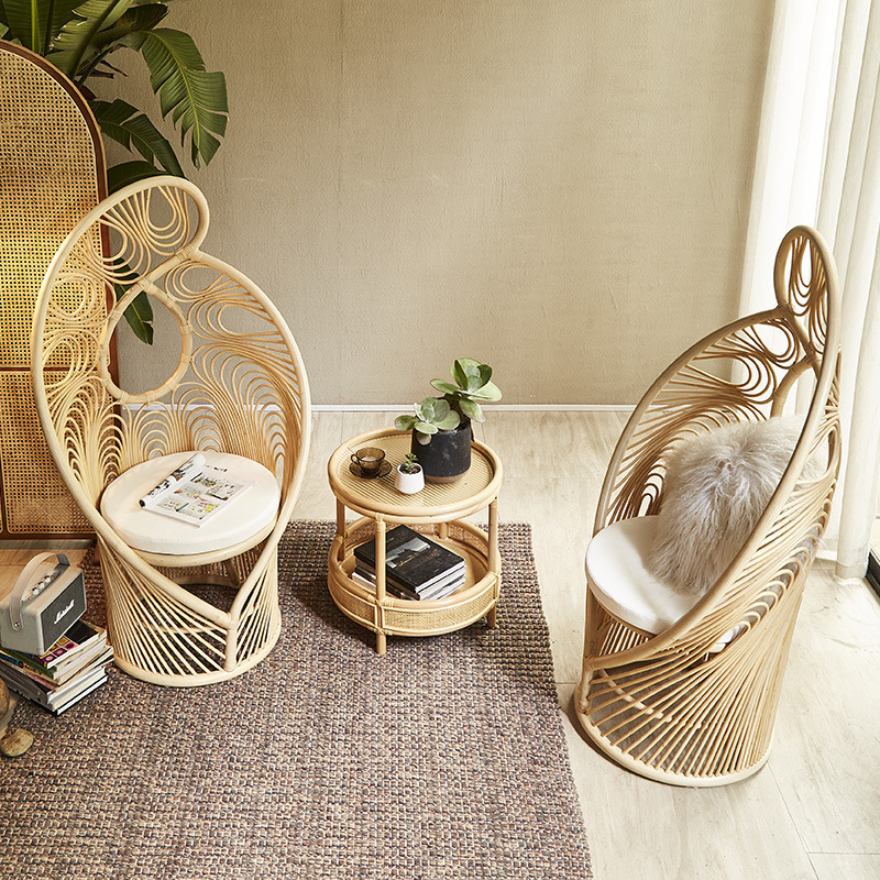 Dreamhause Woven Rattan Peacock Chair High Back Simple Art Chair Rattan Phoenixtail Chair Homestay Living Room Shop Furniture