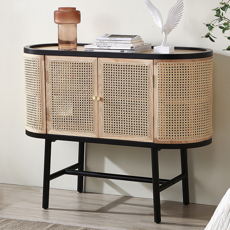 Dreamhause Nordic Solid Wood Sideboard Japanese Rattan Retro Home Living Room Bedroom Bedside Drawer Storage Cabinet