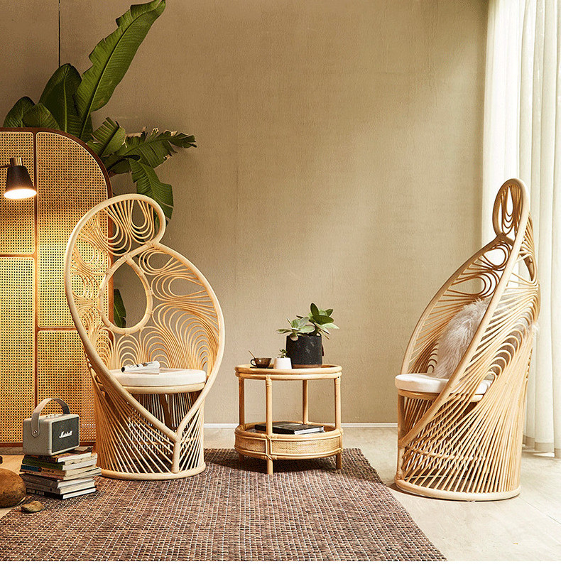 Dreamhause Woven Rattan Peacock Chair High Back Simple Art Chair Rattan Phoenixtail Chair Homestay Living Room Shop Furniture