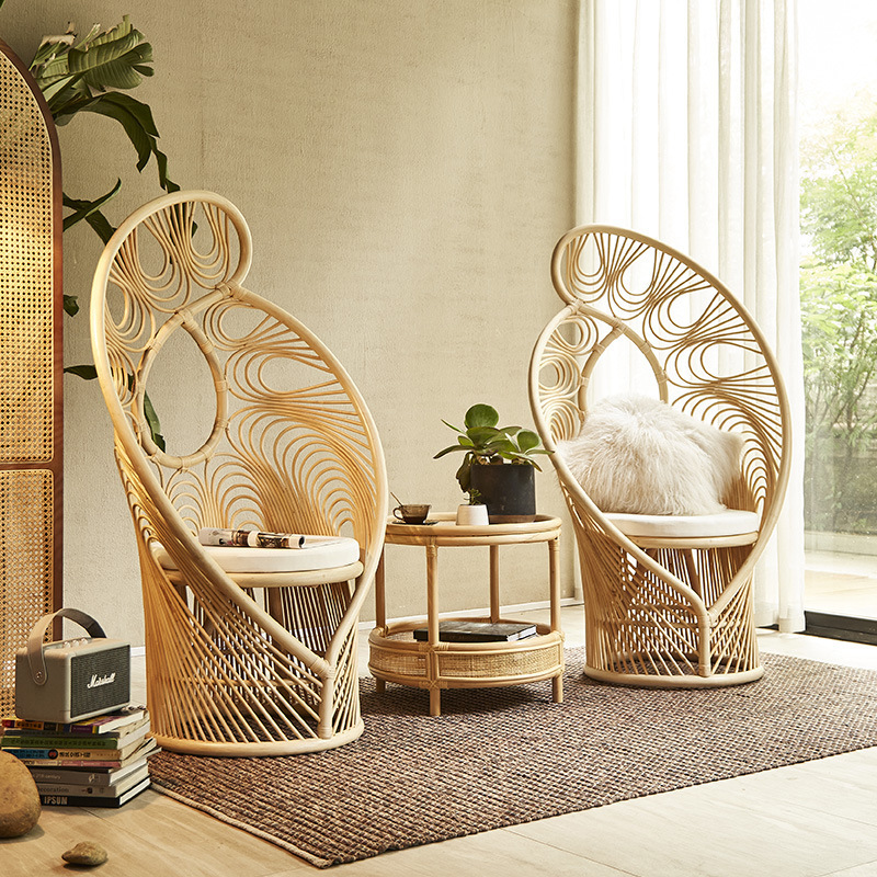 Dreamhause Woven Rattan Peacock Chair High Back Simple Art Chair Rattan Phoenixtail Chair Homestay Living Room Shop Furniture