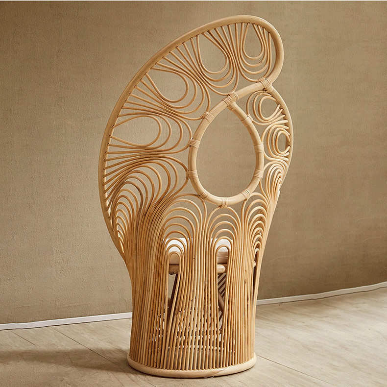 Dreamhause Woven Rattan Peacock Chair High Back Simple Art Chair Rattan Phoenixtail Chair Homestay Living Room Shop Furniture