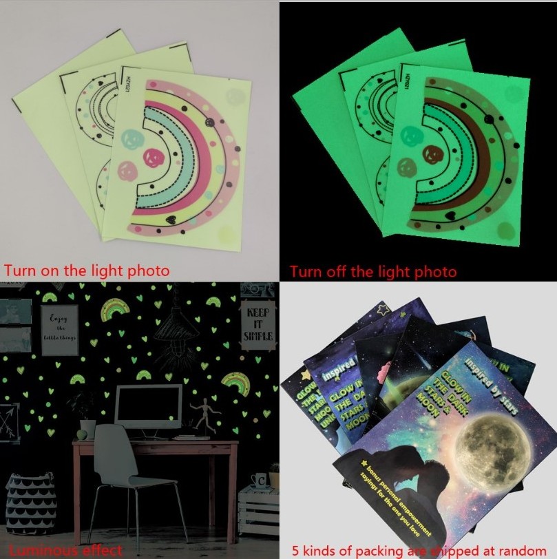 Custom Fluorescence Luminous Kids Room Moom and Srars Glow in The Dark Rainbow Wall Stickers