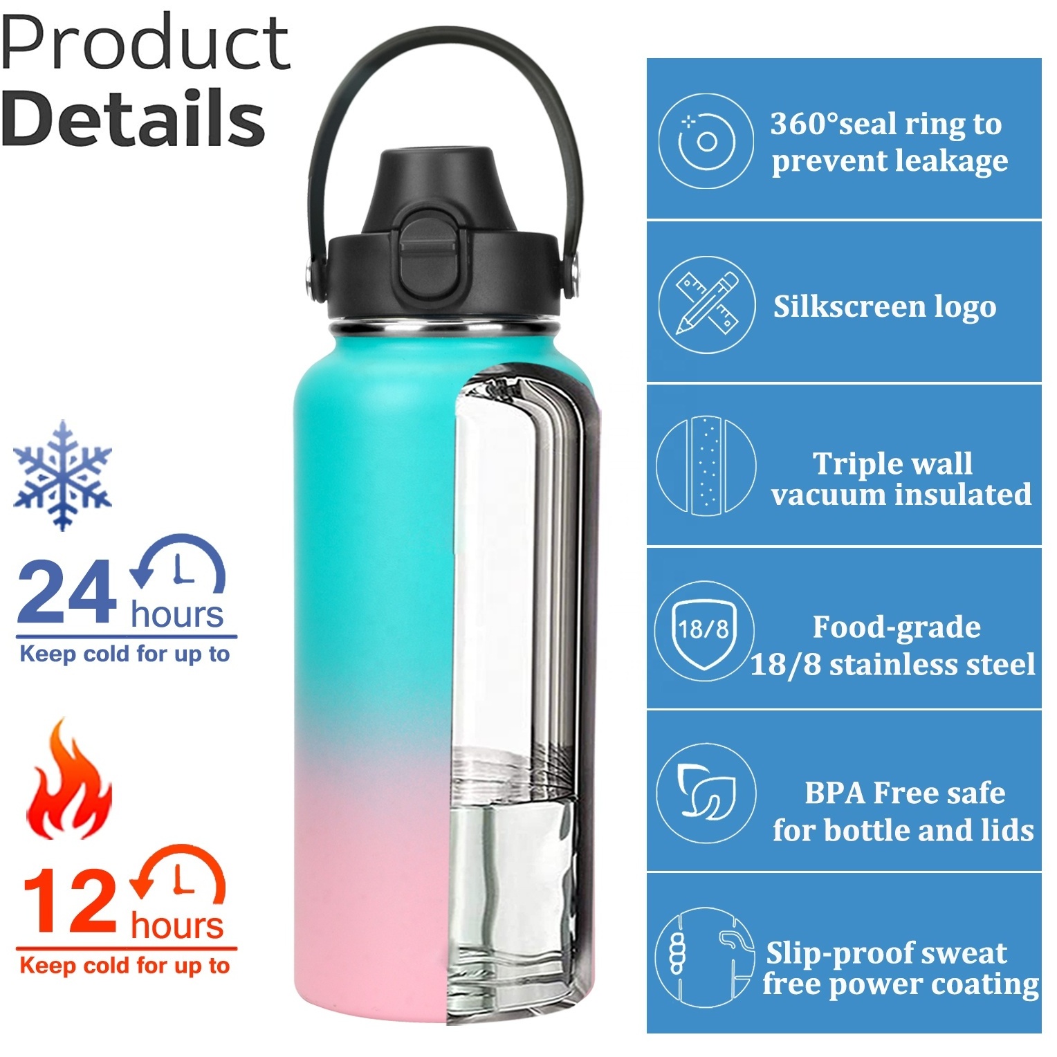 Custom Drinking Hydro Insulated Vacuum Thermal Flask Stainless Steel 1 liter 32 40 64oz Gym Sports Metal Water Bottle with Straw