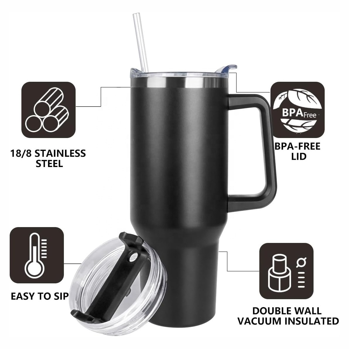 40 oz Stainless Steel Tumbler with Handle Sublimation Coffee Travel Mug Cup Insulated Thermo Flask 40oz Tumbler With Straw