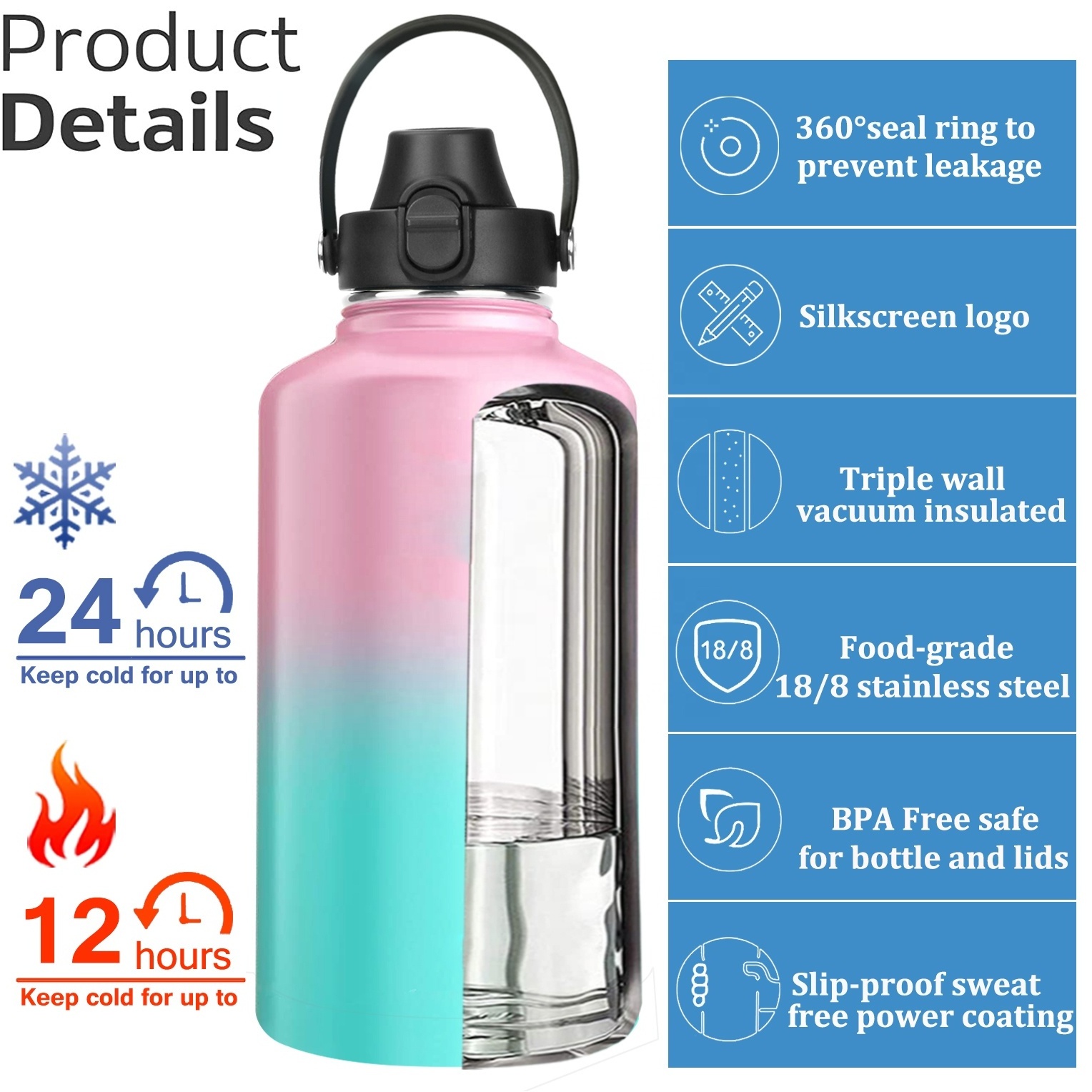 64 ounce vacuum flask thermo 2 litre with sleeve half gallon 1/2 stainless steel 64oz large insulated water bottle with straw