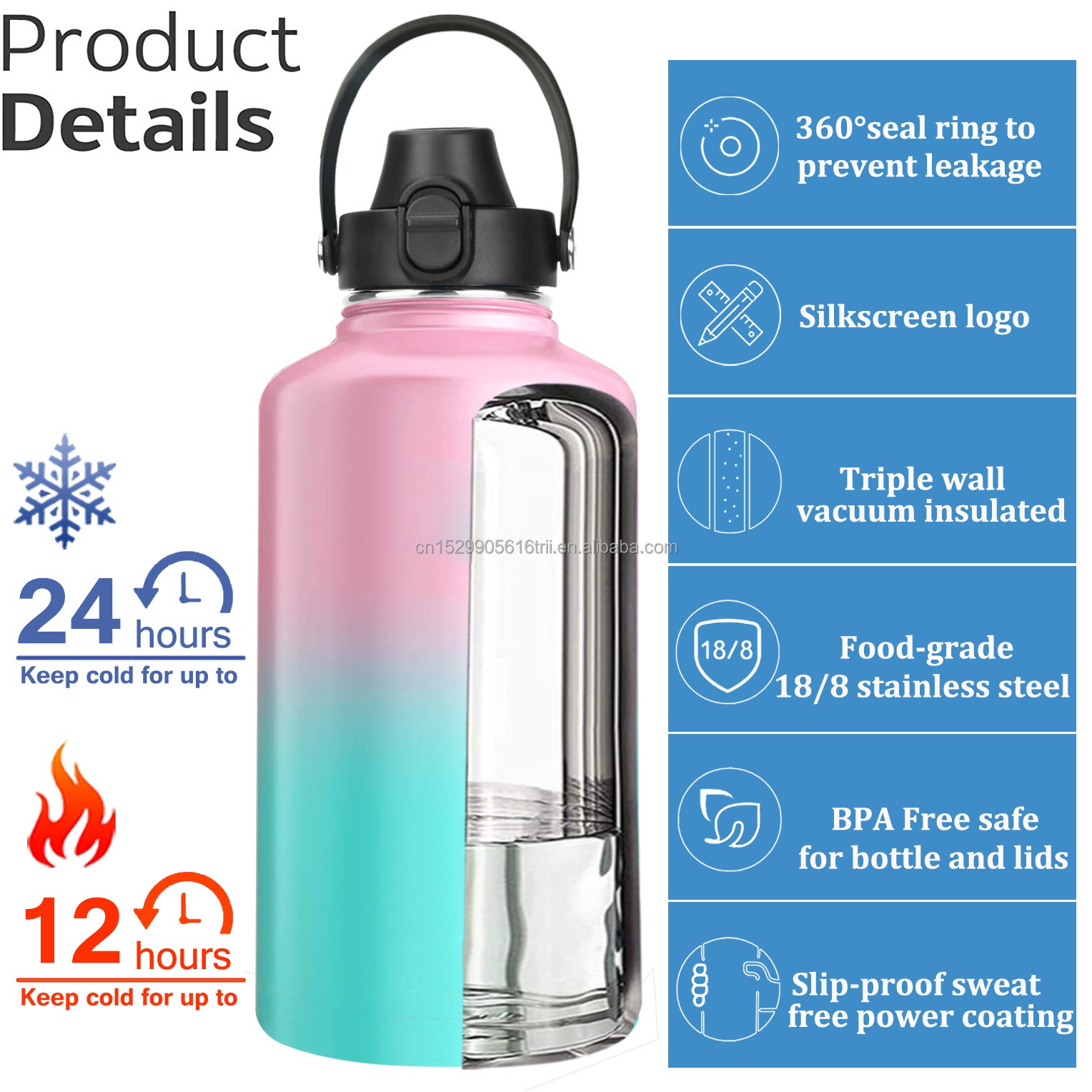 64 ounce vacuum flask thermo 2 litre with sleeve half gallon 1/2 stainless steel 64oz large insulated water bottle with straw