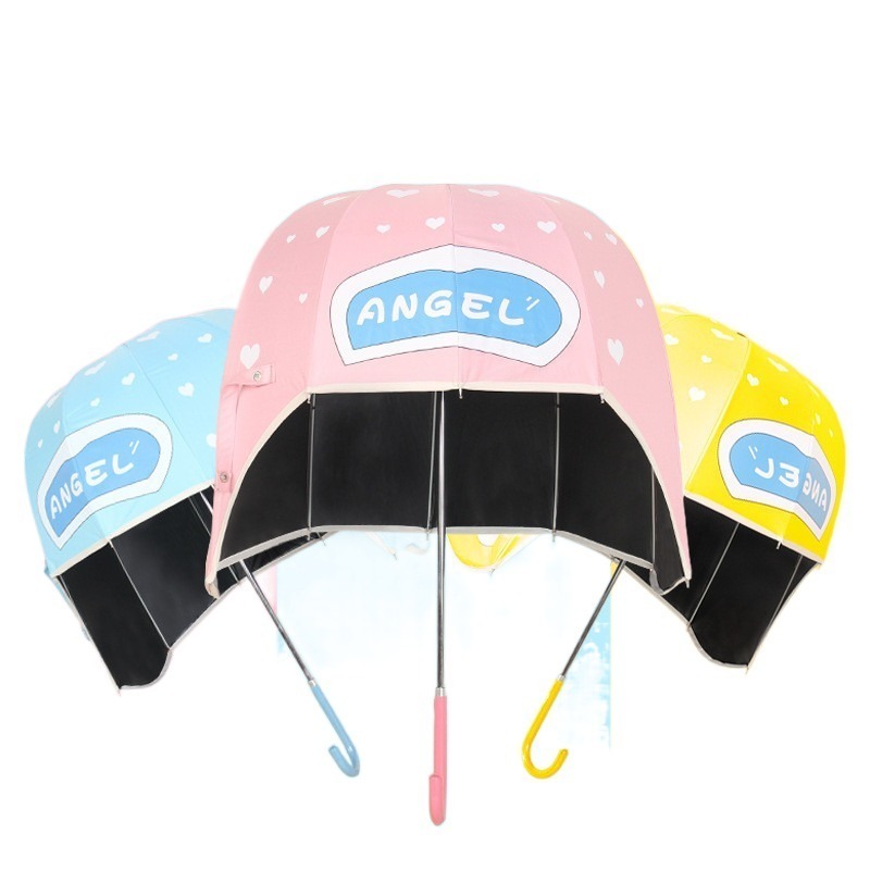 Custom straight Helmet Umbrella manual open Tiktok Children Umbrella Cute Fiber EVA handle Umbrella