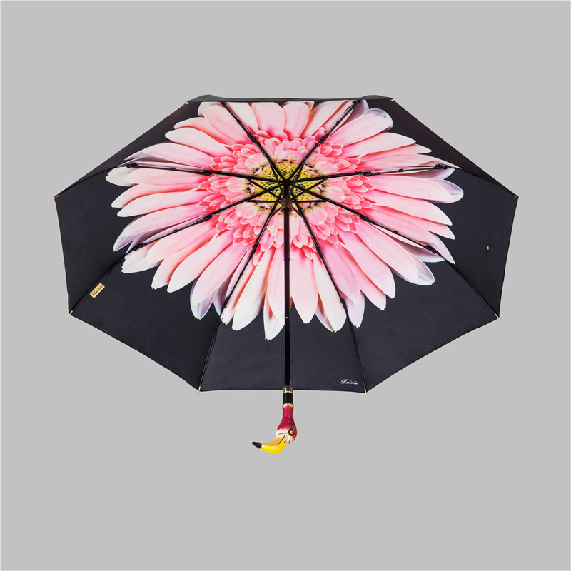 Factory Direct sales triple folding umbrella Flamingo enamel vinyl inner printing hand open umbrella high-end gift umbrella