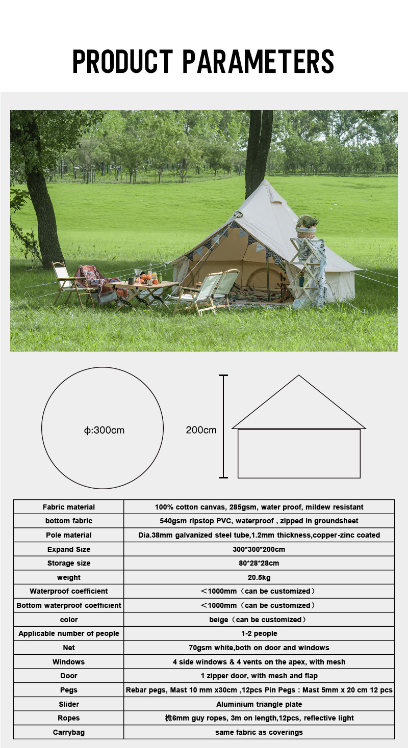 Custom Large Luxury Family Camping Waterproof mongolian yurt 3M Cotton Canvas Marquee Party Wedding Glamping Bell Tent