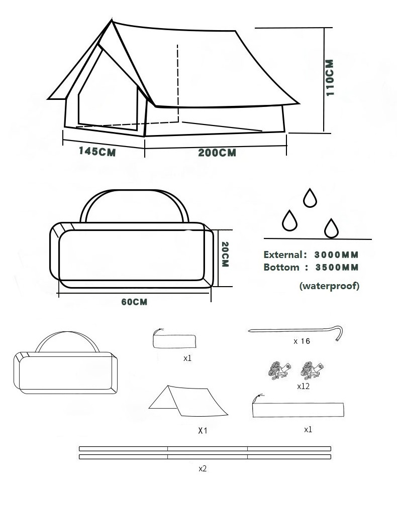 210D Waterproof Oxford cloth 4 Seasons Camping Tent For 2 People Double Layers Disaster Relief Army Green Cottage Tent