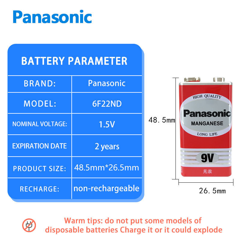 Panasonic zinc carbon battery 9V 6F22ND/1B Block battery For Toy multimeter microphone