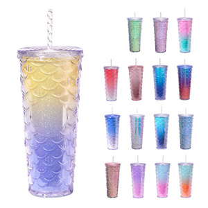 710ml Plastic Cups with Lid and Straw Hot Selling Double Wall Coffee Fish Mermaid Scale Glitter Mug 24oz studded tumbler