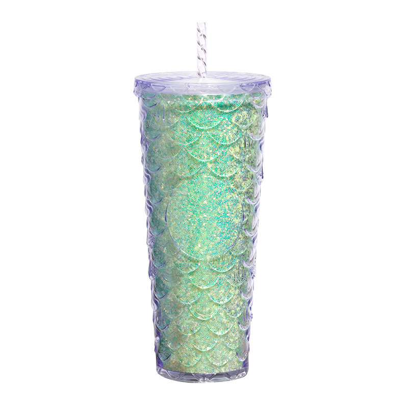 710ml Plastic Cups with Lid and Straw Hot Selling Double Wall Coffee Fish Mermaid Scale Glitter Mug 24oz studded tumbler