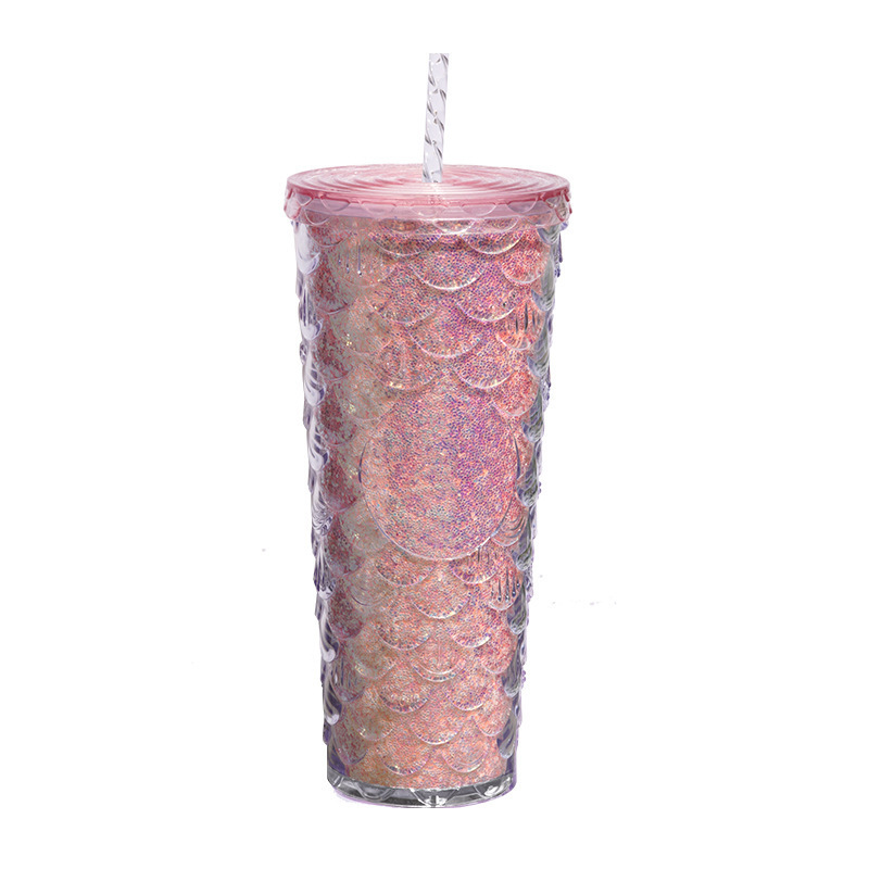 710ml Plastic Cups with Lid and Straw Hot Selling Double Wall Coffee Fish Mermaid Scale Glitter Mug 24oz studded tumbler